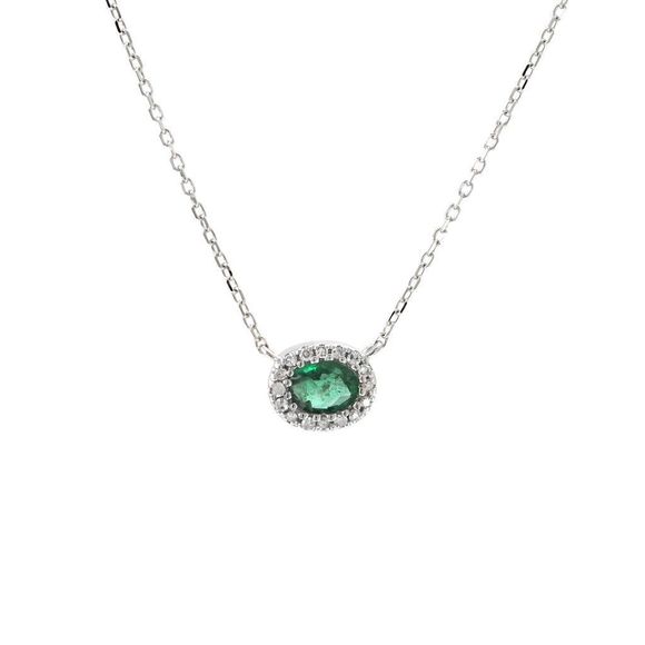 Oval Emerald W/ Diamond Necklace (14K) (16+2